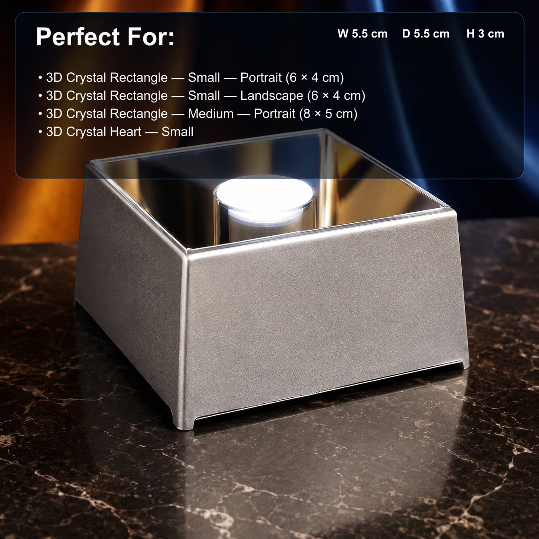 Square silver LED light base for a compatible crystal