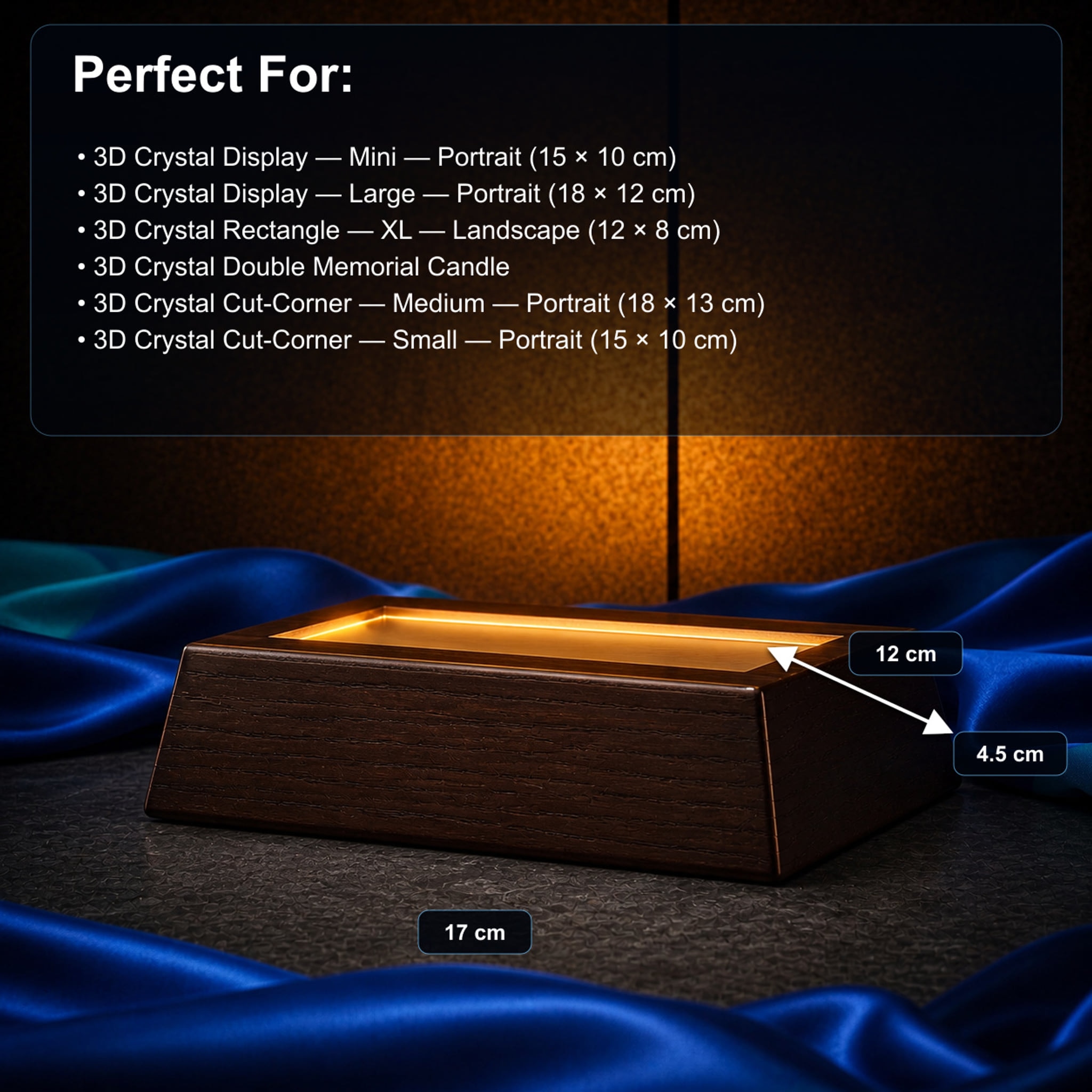 Wooden LED light base for displaying a personalized crystal